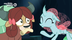 Size: 1920x1080 | Tagged: safe, screencap, ocellus, yona, changedling, changeling, yak, g4, uprooted, bow, discovery family logo, duo, female, hair bow, motion lines, mouth hold, scroll