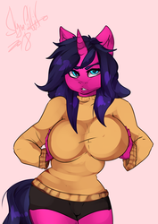 Size: 2149x3035 | Tagged: safe, artist:slynecallisto, oc, oc only, oc:fizzy pop, unicorn, anthro, big breasts, breasts, female, high res, looking at you, solo