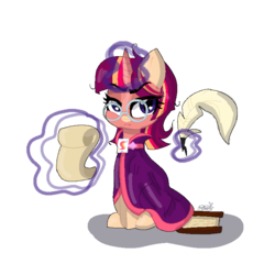 Size: 768x768 | Tagged: safe, artist:awoomarblesoda, oc, oc only, oc:tarot spell, pony, unicorn, female, glasses, mare, offspring, parent:sunburst, parent:twilight sparkle, parents:twiburst, pixel art, quill, scroll, simple background, solo, transparent background