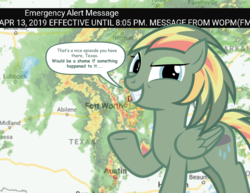 Size: 1215x938 | Tagged: safe, artist:lightning stripe, oc, oc only, oc:storm pony, pegasus, pony, g4, brony network, emergency alert system, female, green coat, mare, meme, ponified, radar, show accurate, solo, texas, text, text bubbles, that's a nice everything you have there, weather, wings
