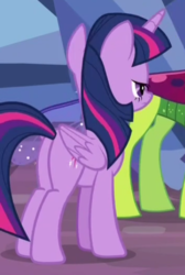 Size: 378x562 | Tagged: safe, screencap, thorax, twilight sparkle, alicorn, changedling, changeling, pony, g4, uprooted, butt, cropped, female, king thorax, mare, plot, solo focus, twilight sparkle (alicorn)