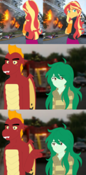 Size: 2640x5368 | Tagged: safe, artist:fantasygerard2000, garble, sunset shimmer, wallflower blush, dragon, equestria girls, g4, my little pony equestria girls: better together, clothes, fiery shimmer, fire, fire engine, hoodie, looking back, pointing, real life background, vest
