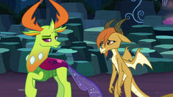 Size: 1920x1080 | Tagged: safe, screencap, ocellus, thorax, changedling, changeling, dragon, g4, uprooted, changeling king, disguise, disguised changeling, dragon ocellus, duo, female, king thorax, male, raised eyebrow, raised hoof, thorax is not amused