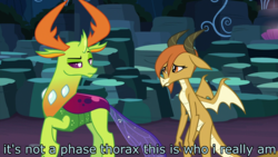 Size: 1920x1080 | Tagged: safe, edit, edited screencap, screencap, ocellus, thorax, changedling, changeling, dragon, g4, uprooted, caption, changeling king, disguise, disguised changeling, dragon ocellus, duo, female, image macro, it's a phase, it's not a phase, king thorax, male, text, thorax is not amused