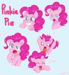 Size: 1102x1200 | Tagged: safe, artist:ch-chau, pinkie pie, earth pony, pony, g4, bust, confused, cute, dialogue, diapinkes, expressions, eyes closed, female, grin, happy, mare, open mouth, question mark, shocked, simple background, smiling, solo, surprised