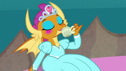 Size: 1920x1080 | Tagged: safe, screencap, smolder, dragon, g4, uprooted, animated, clothes, cute, dragoness, dream, dress, embarrassed, eyeshadow, female, food, grin, lipstick, makeup, nervous, nervous smile, panicking, princess smolder, smiling, smolderbetes, solo, sound, tea, we don't normally wear clothes, webm