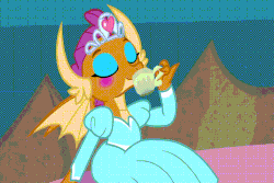 Size: 720x480 | Tagged: safe, screencap, smolder, dragon, g4, uprooted, animated, clothes, cup, cute, dragoness, dream, dress, eyeshadow, female, food, gif, grin, lipstick, makeup, nervous, nervous smile, panicking, princess smolder, smiling, smolderbetes, solo, stripping, tea, teacup, we don't normally wear clothes