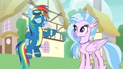 Size: 1920x1080 | Tagged: safe, screencap, rainbow dash, silverstream, classical hippogriff, hippogriff, pegasus, pony, g4, uprooted, clothes, duo, female, goggles, mare, uniform, wonderbolts uniform