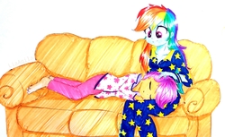 Size: 2137x1306 | Tagged: safe, artist:liaaqila, rainbow dash, scootaloo, equestria girls, g4, barefoot, clothes, commission, couch, cute, cutealoo, duo, feet, liaaqila is trying to murder us, lying down, pajamas, scootalove, sitting, sleeping, smiling, traditional art