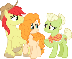 Size: 3628x3000 | Tagged: safe, artist:cloudy glow, bright mac, granny smith, pear butter, earth pony, pony, g4, the perfect pear, .ai available, cowboy hat, crying, female, hat, high res, husband and wife, male, mare, mother and child, mother and daughter-in-law, mother and son, simple background, stallion, stetson, tears of joy, transparent background, vector, young granny smith, younger