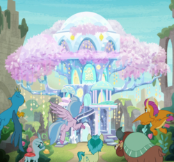 Size: 1920x1788 | Tagged: safe, composite screencap, edit, edited screencap, screencap, gallus, ocellus, sandbar, silverstream, smolder, yona, changedling, changeling, classical hippogriff, dragon, earth pony, griffon, hippogriff, pony, yak, g4, uprooted, castle of the royal pony sisters, dragoness, female, flying, harmy castle, male, mosaic, student six, teenager, toyetic, treehouse of harmony