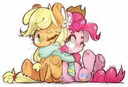 Size: 1443x986 | Tagged: safe, artist:fluorbaryt, applejack, pinkie pie, pony, g4, accessory swap, clothes, cute, diapinkes, jackabetes, scarf, shared clothing, shared scarf, simple background, white background