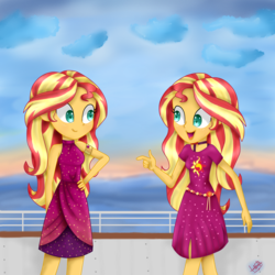 Size: 2500x2500 | Tagged: safe, artist:liniitadash23, sunset shimmer, equestria girls, equestria girls specials, g4, my little pony equestria girls: better together, my little pony equestria girls: spring breakdown, clothes, cruise ship, dress, geode of empathy, high res, magical geodes, ocean, open mouth, self paradox, sleeveless, water