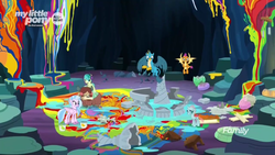 Size: 1366x768 | Tagged: safe, screencap, gallus, ocellus, sandbar, silverstream, smolder, yona, changedling, changeling, classical hippogriff, dragon, earth pony, griffon, hippogriff, pony, yak, g4, uprooted, broken, bucket, cave, cave of harmony, chime, cushion, dragoness, female, fountain, headphones, male, mess, paint, paint bucket, painting, plank, ponies riding yaks, riding, ripped, ruined, sandbar riding yona, stool, student six, table, water, wet, wreckage