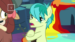 Size: 1366x768 | Tagged: safe, screencap, sandbar, yona, earth pony, pony, g4, uprooted, annoyed, discovery family logo, looking at something, looking at you, male, paint, painting, sapling, soil, tv rating, tv-y, upset