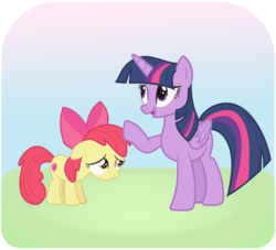 Size: 2290x2077 | Tagged: safe, artist:mazli, apple bloom, twilight sparkle, alicorn, pony, g4, comforting, frown, head pat, high res, open mouth, pat, simple background, twilight sparkle (alicorn), vector