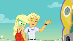 Size: 1920x1080 | Tagged: safe, screencap, applejack, ragamuffin (g4), equestria girls, equestria girls specials, g4, my little pony equestria girls: better together, my little pony equestria girls: spring breakdown, clothes, eyes closed, female, green face, male, seasickness, sky, sleeveless, smiling, waving