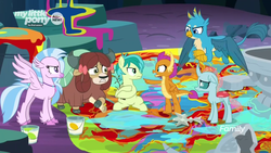Size: 1366x768 | Tagged: safe, screencap, gallus, ocellus, sandbar, silverstream, smolder, yona, changedling, changeling, classical hippogriff, dragon, earth pony, griffon, hippogriff, pony, yak, g4, uprooted, angry, bow, bucket, cloven hooves, colored hooves, discovery family logo, dragoness, female, flying, fountain, glare, hair bow, jewelry, male, mess, monkey swings, necklace, paint, paint bucket, painting, pointing, puddle, sad, sapling, student six, teenager, upset, water, wet