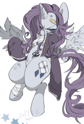 Size: 1300x1920 | Tagged: safe, artist:potetecyu_to, rarity, alicorn, pony, semi-anthro, g4, alicornified, bandage, bandaid, clothes, female, frown, jacket, looking at you, mare, race swap, raricorn, scratches, solo
