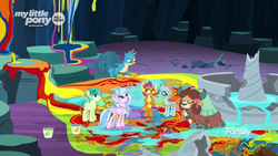 Size: 1366x768 | Tagged: safe, screencap, gallus, ocellus, sandbar, silverstream, smolder, yona, changedling, changeling, classical hippogriff, dragon, earth pony, griffon, hippogriff, pony, yak, g4, uprooted, broken, bucket, cave, cave of harmony, discovery family logo, dragoness, female, fountain, male, paint, paint bucket, painting, scroll, shattered, student six, water, wet