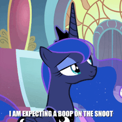 Size: 520x521 | Tagged: safe, edit, edited screencap, screencap, princess luna, alicorn, pony, g4, the beginning of the end, animated, boop, boop request, cropped, cute, female, gif, jewelry, loop, lunabetes, mare, regalia, smiling, snoot, solo, text
