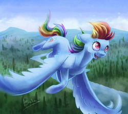 Size: 1024x911 | Tagged: safe, artist:bakud, rainbow dash, pegasus, pony, g4, cute, dashabetes, female, flying, mare, open mouth, signature, smiling, solo, spread wings, wings