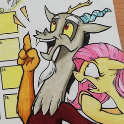 Size: 866x865 | Tagged: artist needed, safe, discord, fluttershy, draconequus, pegasus, pony, g4, bust, calendar, duo, female, looking at something, mare, open mouth, shocked, traditional art