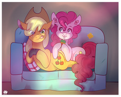 Size: 1280x1024 | Tagged: safe, artist:cckittycreative, applejack, pinkie pie, earth pony, pony, g4, commission, controller, couch, female, juice, juice box, lesbian, mare, night, playstation 2, ship:applepie, shipping, tongue out, video game
