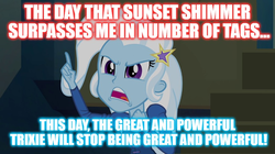 Size: 896x500 | Tagged: safe, edit, edited screencap, screencap, sunset shimmer, trixie, derpibooru, equestria girls, g4, my little pony equestria girls: rainbow rocks, female, image macro, implied sunset shimmer, meme, meta, solo, tags, text, trixie yells at everything