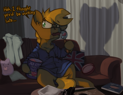 Size: 1827x1410 | Tagged: safe, artist:marsminer, oc, oc only, oc:lazyfable, oc:mox, earth pony, pony, caught, couch, food, hoof hold, ice cream, shadow, sitting, speech
