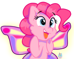 Size: 1345x1068 | Tagged: safe, artist:rainbow eevee, pinkie pie, earth pony, pony, g4, butterfly wings, female, hitachi, hooves, joy, open mouth, shining, simple background, smiling, solo, sparkles, transparent background, vibrant