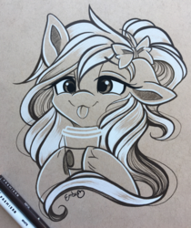 Size: 2937x3496 | Tagged: safe, artist:emberslament, oc, oc only, oc:mocha latte, earth pony, pony, :p, arm hooves, bow, coffee, colored pencil drawing, cute, female, hair bow, high res, mare, silly, solo, tongue out, traditional art