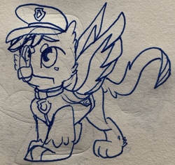 Size: 1953x1854 | Tagged: safe, artist:rainbow eevee, gallus, griffon, g4, beak, chase, clothes, cute, gallabetes, hat, ink drawing, lineart, male, monochrome, paw patrol, simple background, solo, traditional art, wings