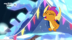 Size: 1366x768 | Tagged: safe, screencap, smolder, dragon, g4, uprooted, banner, discovery family logo, dragoness, eyes closed, female, magic, solo, treehouse of harmony, yelling