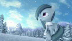 Size: 3840x2160 | Tagged: safe, artist:goldenlogik, marble pie, pony, g4, 3d, clothes, cloud, female, high res, pine tree, scarf, snow, snowfall, solo, source filmmaker, tree