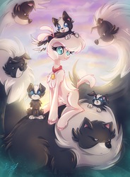 Size: 2800x3800 | Tagged: safe, artist:alexbluebird, pom (tfh), dog, lamb, sheep, them's fightin' herds, bell, bell collar, cloven hooves, collar, community related, cute, female, high res, puppy, smiling