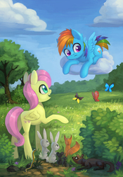 Size: 840x1200 | Tagged: safe, artist:asimos, artist:maytee, fluttershy, rainbow dash, bird, butterfly, fox, mouse, pony, rabbit, snake, squirrel, g4, cloud, collaboration, colored pupils, confused, cute, dashabetes, fanfic art, female, field, filly, filly fluttershy, filly rainbow dash, frown, hiding, looking back, looking down, looking up, nature, open mouth, outdoors, prone, raised hoof, scenery, shyabetes, sky, smiling, snek, spread wings, tree, wings, younger