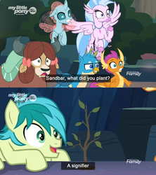 Size: 1600x1800 | Tagged: safe, edit, edited screencap, screencap, gallus, ocellus, sandbar, silverstream, smolder, yona, changedling, changeling, classical hippogriff, dragon, earth pony, griffon, hippogriff, pony, yak, g4, uprooted, bow, caption, d:, dragoness, female, flying, frown, glare, gritted teeth, hair bow, linguistics, looking at something, male, open mouth, philosophy, prone, sapling, semiotics, shocked, signifier, smiling, student six, subtitles, text, wide eyes, worried