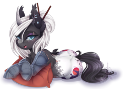 Size: 1024x743 | Tagged: safe, artist:pvrii, oc, oc only, oc:nori, alicorn, cyborg, pony, alicorn oc, amputee, body markings, both cutie marks, butt freckles, chest fluff, chopsticks, chopsticks in hair, curved horn, cyberpunk, ear piercing, eye scar, eyeshadow, fangs, female, freckles, horn, lidded eyes, makeup, mare, piercing, pillow, prosthetic limb, prosthetics, scar, simple background, slit pupils, solo, transparent background, wingless