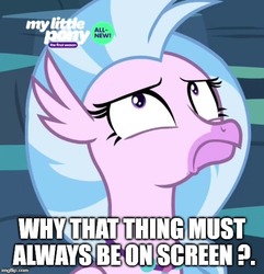Size: 500x518 | Tagged: safe, edit, edited screencap, screencap, silverstream, g4, uprooted, breaking the fourth wall, caption, cropped, engrish, female, image macro, looking up, meme, sad, serious, serious face, shrunken pupils, solo, text