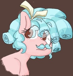 Size: 427x445 | Tagged: safe, artist:mlpgemblossom, cozy glow, pegasus, pony, g4, brown background, bust, eye clipping through hair, facial hair, female, filly, freckles, moustache, no pupils, portrait, simple background, solo