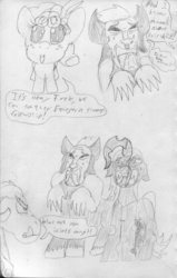 Size: 1705x2673 | Tagged: safe, artist:firefanatic, cozy glow, grogar, lord tirek, queen chrysalis, g4, the beginning of the end, cozy glow is best facemaker, dialogue, faic, female, male, scared, speech bubble, sweat, traditional art
