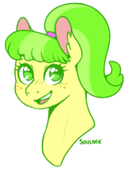 Size: 370x500 | Tagged: safe, artist:soulnik, chickadee, ms. peachbottom, pony, g4, bust, colored pupils, cute, ear fluff, eyebrows, eyebrows visible through hair, female, open mouth, peachabetes, portrait, solo