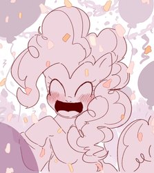 Size: 1053x1182 | Tagged: safe, artist:nota_mano, pinkie pie, earth pony, pony, g4, balloon, blushing, confetti, eyes closed, female, happy, mare, open mouth, smiling, solo
