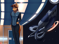 Size: 2000x1500 | Tagged: safe, artist:chapaevv, oc, oc only, oc:star shot, anthro, anthro oc, clothes, crossover, looking at you, orville, patreon, patreon logo, solo, space, spaceship, the orville, uniform
