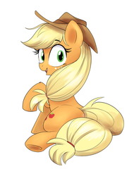 Size: 1332x1750 | Tagged: safe, artist:confetticakez, applejack, earth pony, pony, g4, clothes, cowboy hat, cute, female, hat, jackabetes, looking at you, looking back, looking back at you, mare, simple background, sitting, solo, underhoof, white background