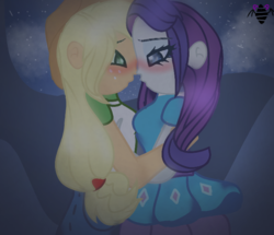 Size: 698x600 | Tagged: safe, artist:aurumnarts, applejack, rarity, equestria girls, g4, blushing, boop, clothes, cute, dress, female, hat, holding each other, jackabetes, lesbian, looking at each other, night, noseboop, raribetes, ship:rarijack, shipping