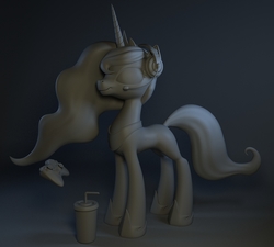 Size: 1000x900 | Tagged: safe, artist:temporal333, princess luna, alicorn, pony, gamer luna, g4, 3d, 3d model, controller, drink, headphones, solo, wingless, wip