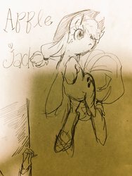 Size: 1536x2048 | Tagged: artist needed, safe, applejack, earth pony, pony, g4, female, hat, mare, monochrome, solo, traditional art