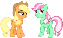 Size: 4200x2500 | Tagged: safe, artist:cheezedoodle96, applejack, minty (g4), earth pony, pony, g4, sundae sundae sundae, spoiler:interseason shorts, .svg available, applejack is not amused, duo, duo female, embarrassed, female, frown, lidded eyes, mare, raised hoof, recolor, simple background, svg, transparent background, unamused, unimpressed, vector